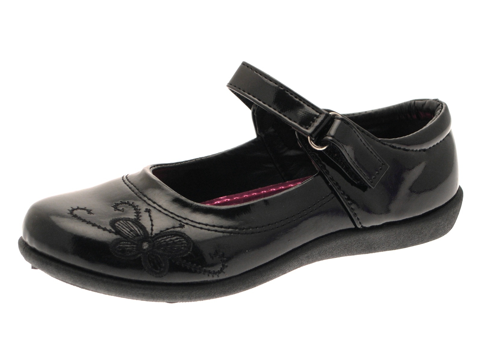 Kids Girls Flat Black School Shoes Mary Jane Velcro/Buckle Star Hearts